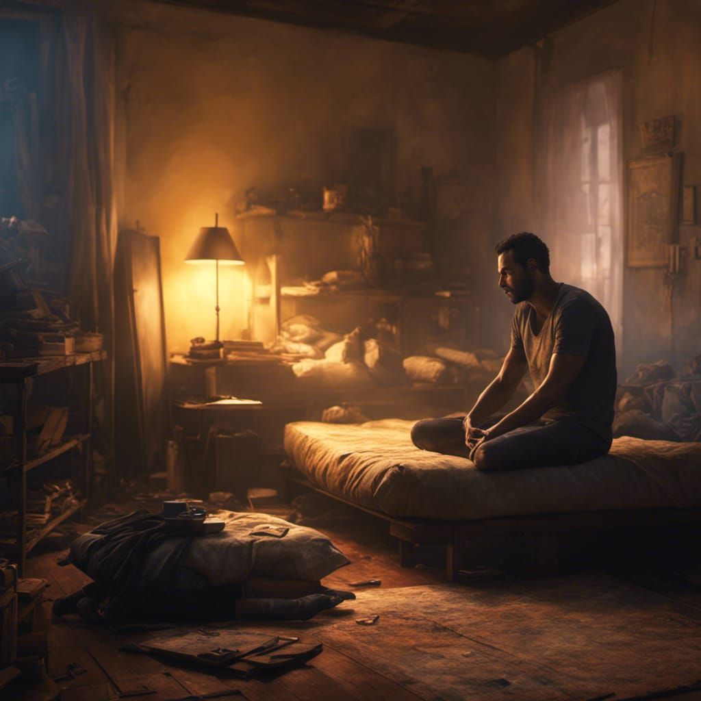 Solitary Man in Cluttered Room: Hyperdetailed Concept Art