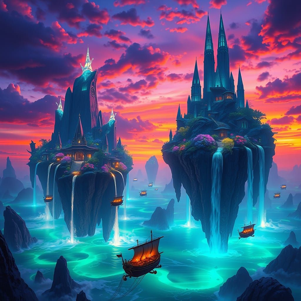 Floating Islands in Twilight Sky Over Glowing Ocean