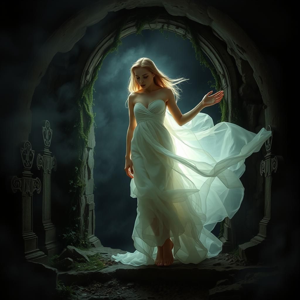 Ethereal Ghostly Woman Emerging from Crypt
