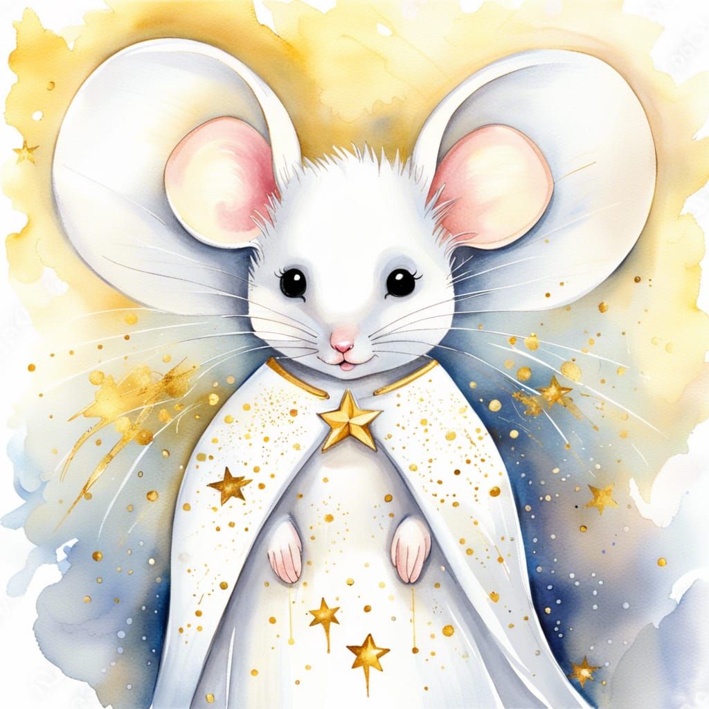 Cute White Mouse Angel in Watercolor Style