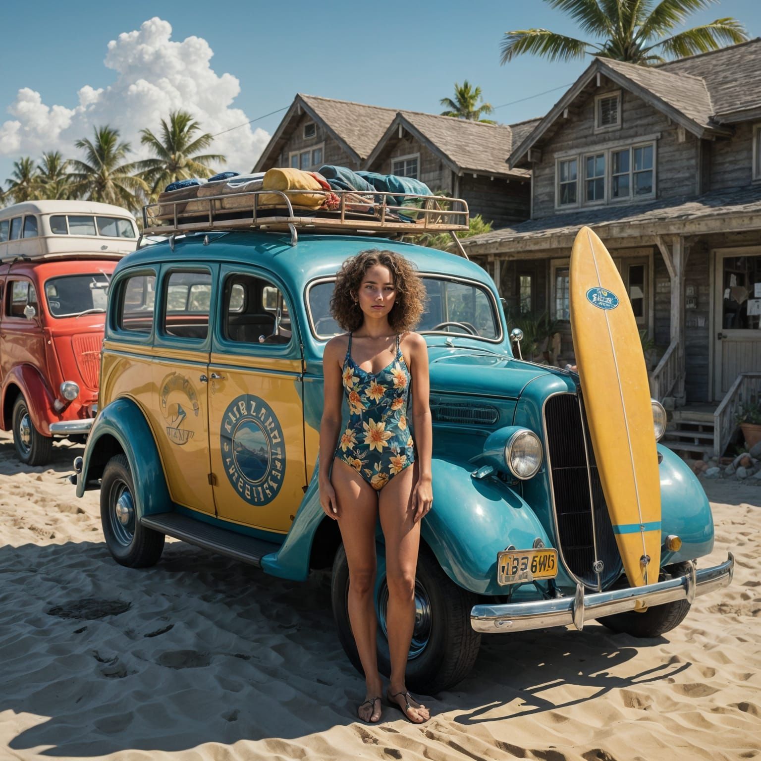 Little Surfer Girl Amidst a Radiant Beach Scene