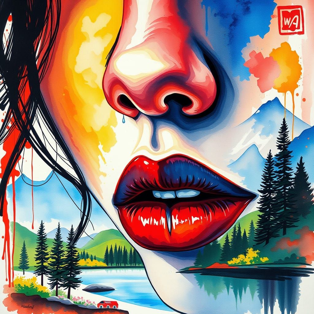 Vibrant Watercolor Portrait with Mountain Landscape