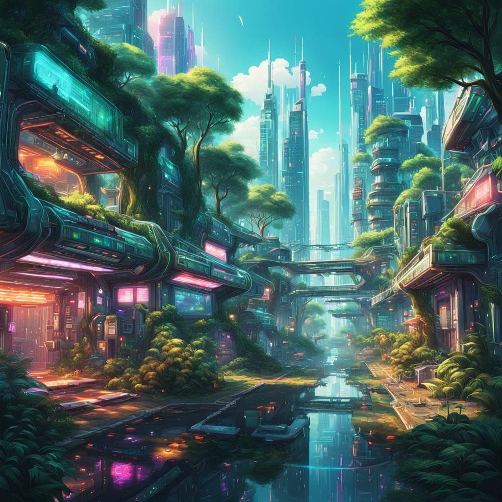 Futuristic Cityscape Blends Nature and Neon Lights