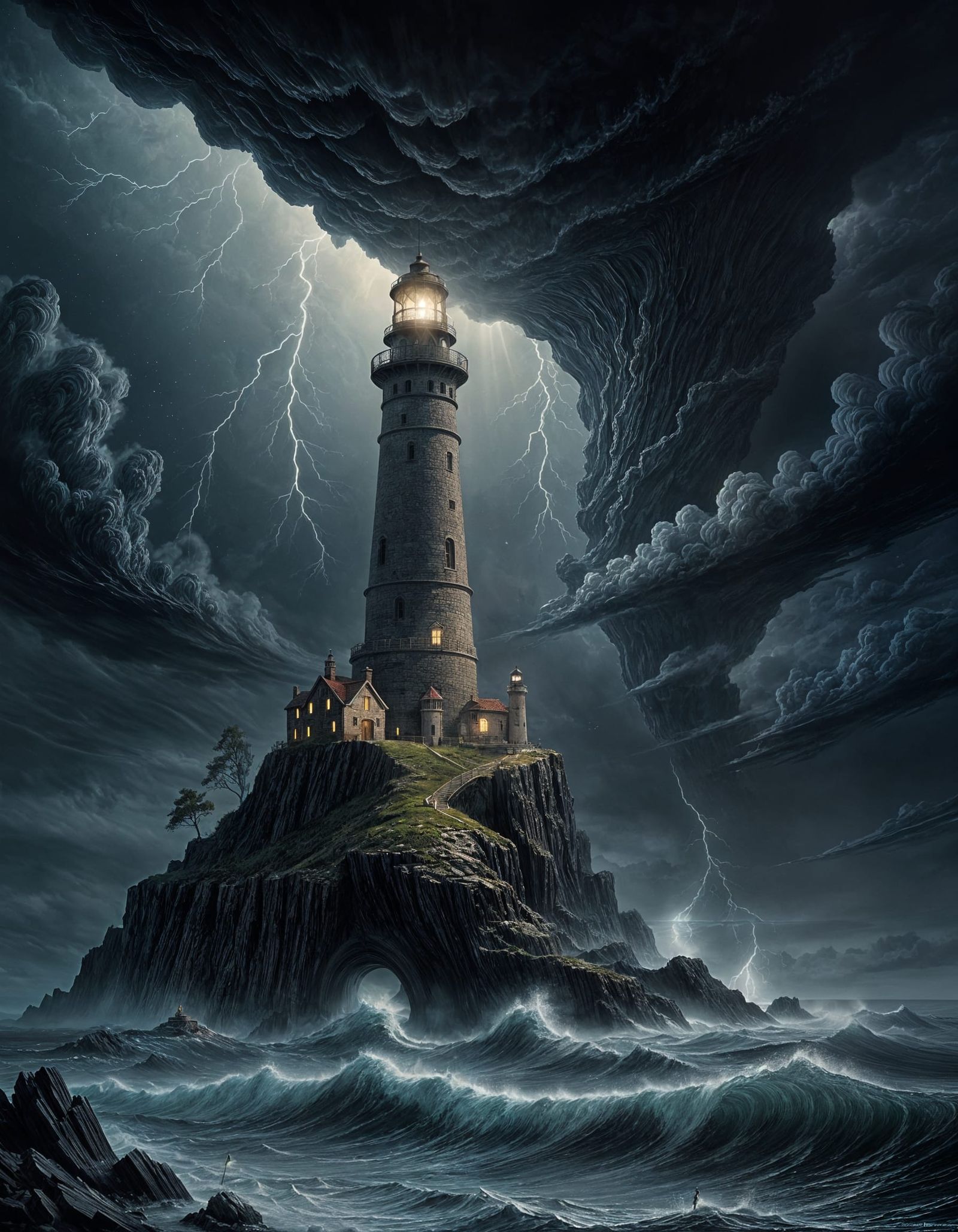 Colossal Lighthouse Battling Stormy Seas in Dark Fantasy Sty...