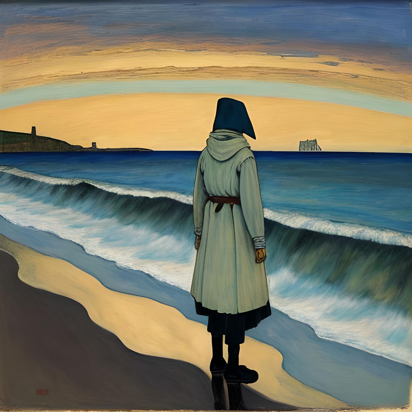 Hooded Figure on Beach in Expressionist Style