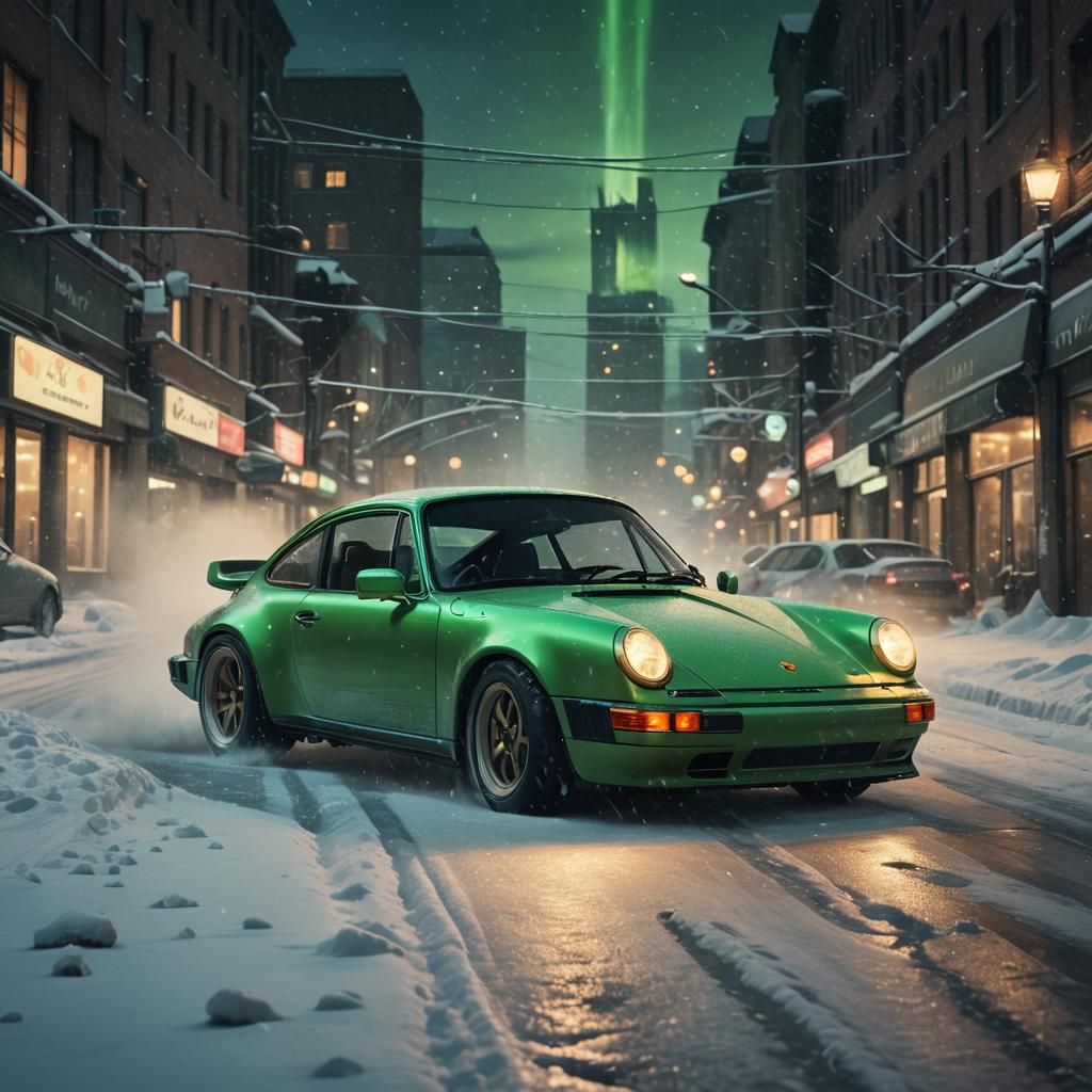 Porsche 911 Drifting in Snowy City at Night
