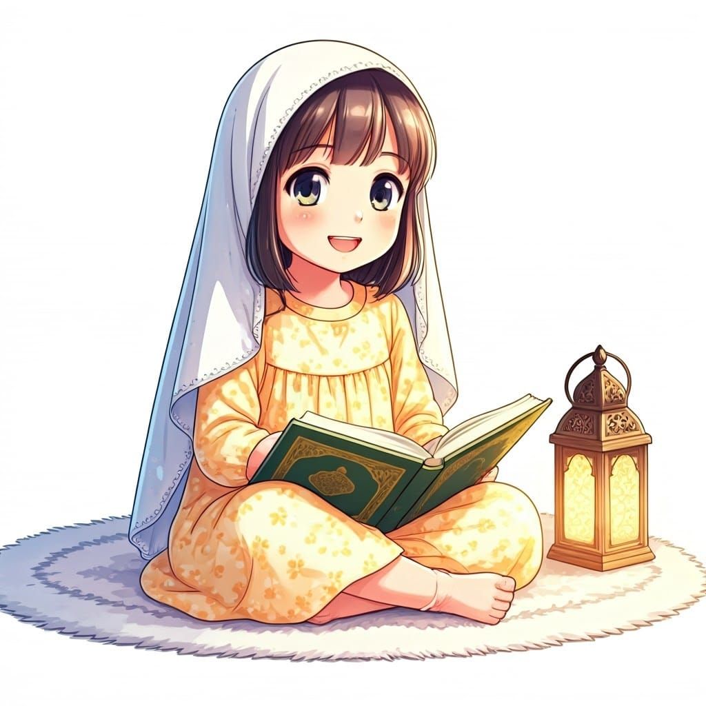 Anime Girl Reading Qur'an in Manga Style