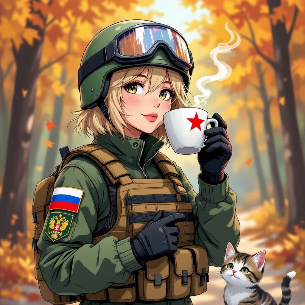 Anime Girl in Autumn Forest with Russian Flag and Coffee