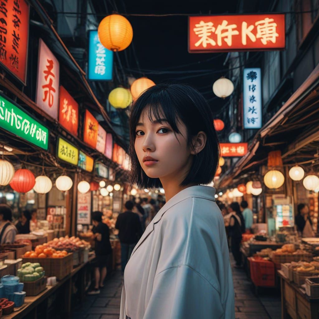Japanese Woman in Tokyo Market: Digital Matte Painting