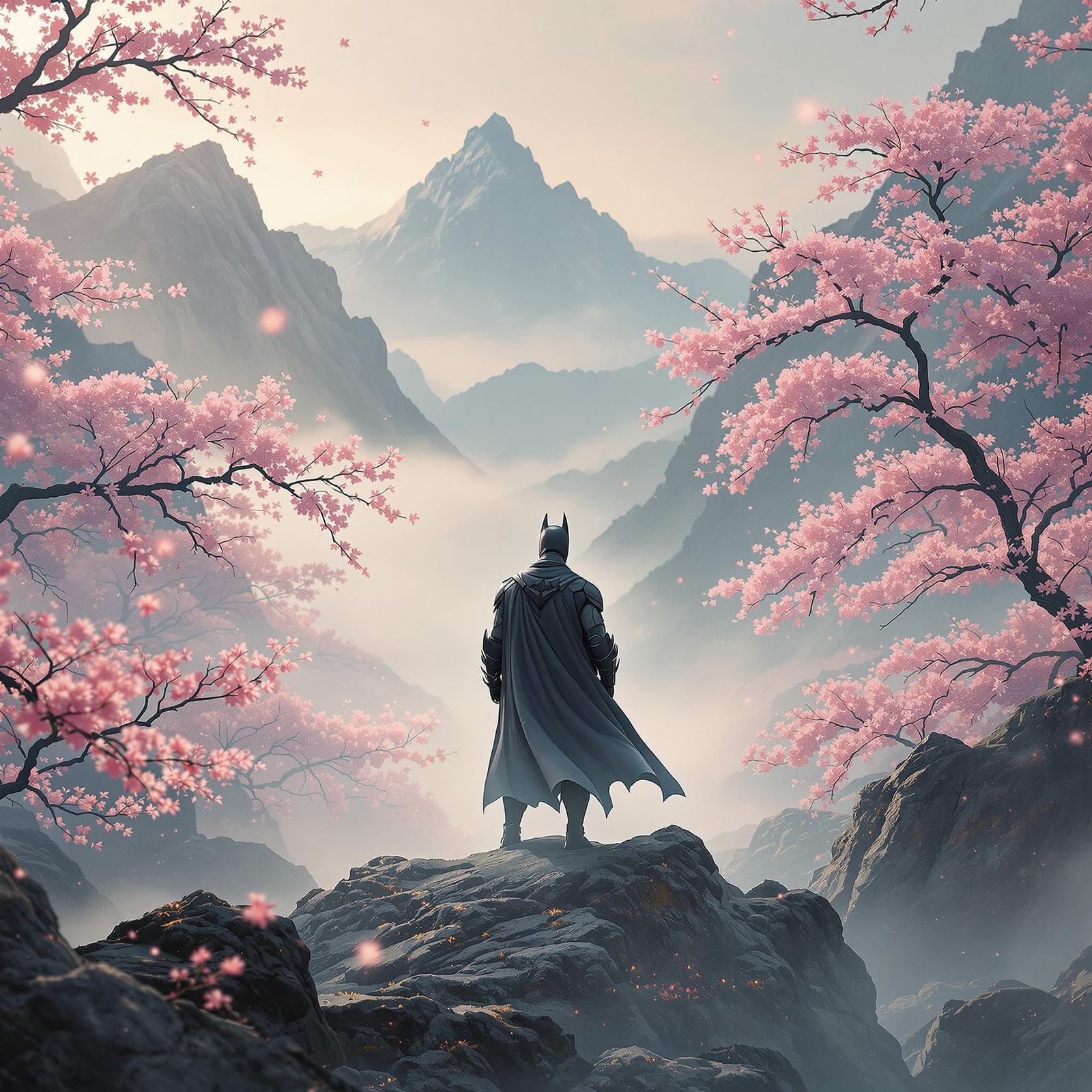 Stoic Dark Knight Meditates Amidst Ancient Japanese Landscap...