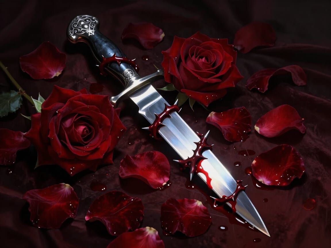 Gothic Art: Gleaming Knife with Crimson Roses