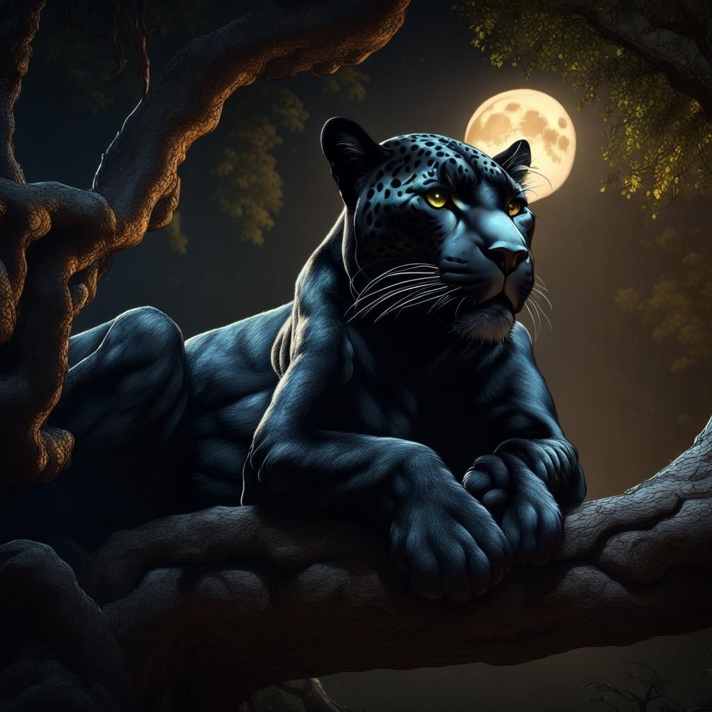 Black Jaguar Under Moonlight: Detailed Matte Painting