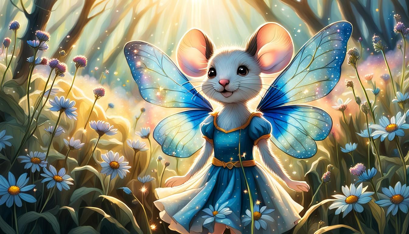 Whimsical Mouse Girl with Fairy Wings in Meadow