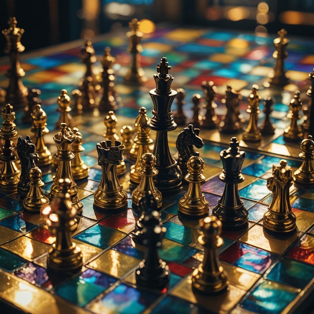 Golden Chess on Stained Glass: Cinematic Close-Up