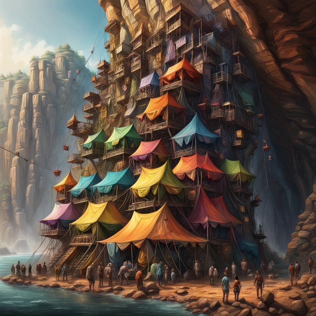 Hyperrealistic Alien Tent City on Cliff Face