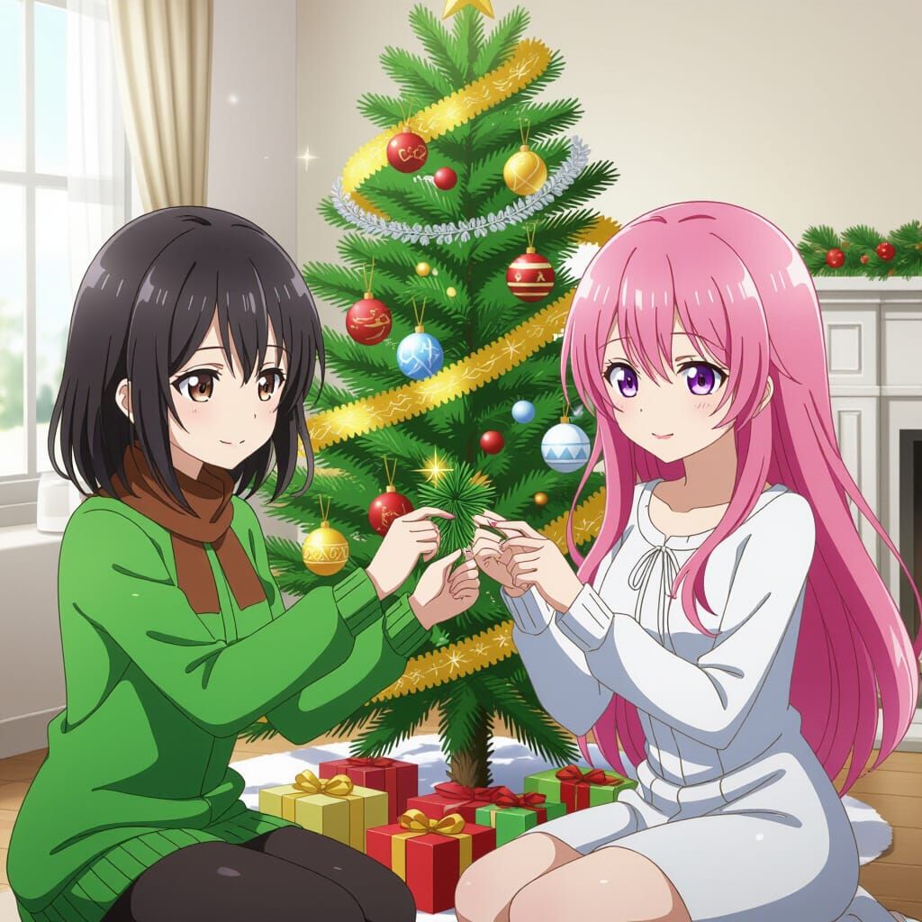 Anime Women Decorate Christmas Tree