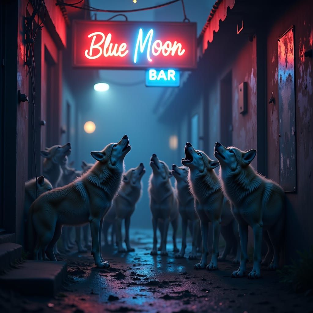 Wolves Howling at Blue Moon Bar Sign in Urban Alley