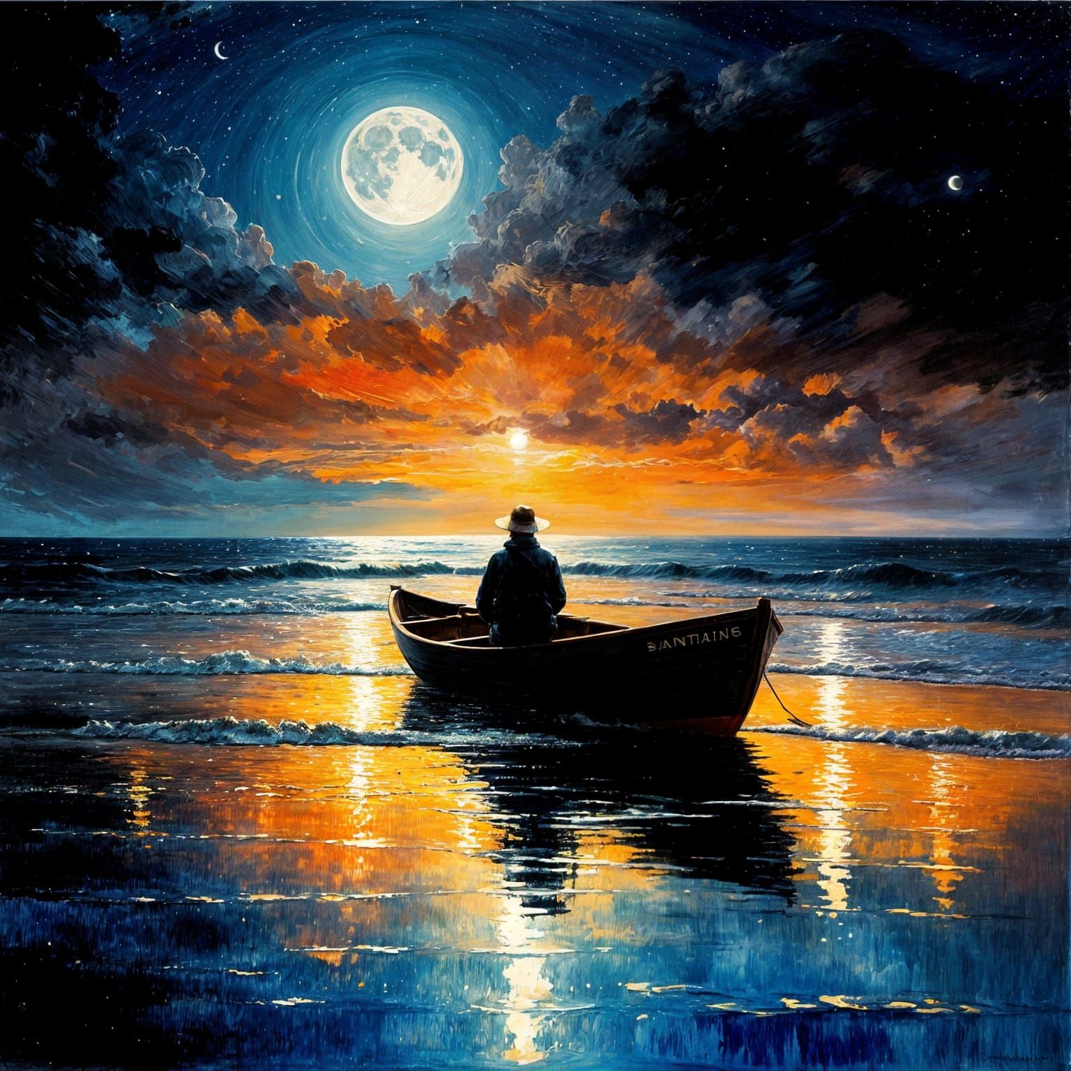 Serene Night Seascape With Fisherman and Lantern