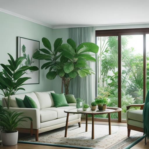 Seagreen and Honeydew Living Room with Plants