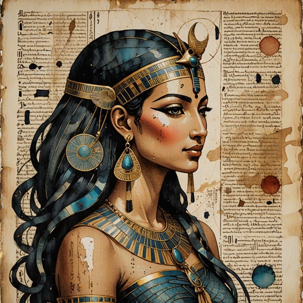 Ancient Egyptian Goddess Portrait in Cracked Papyrus Style