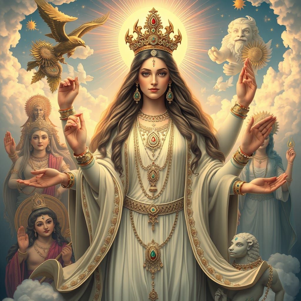 Surreal Goddess in Heavenly Attire with Divine Beings