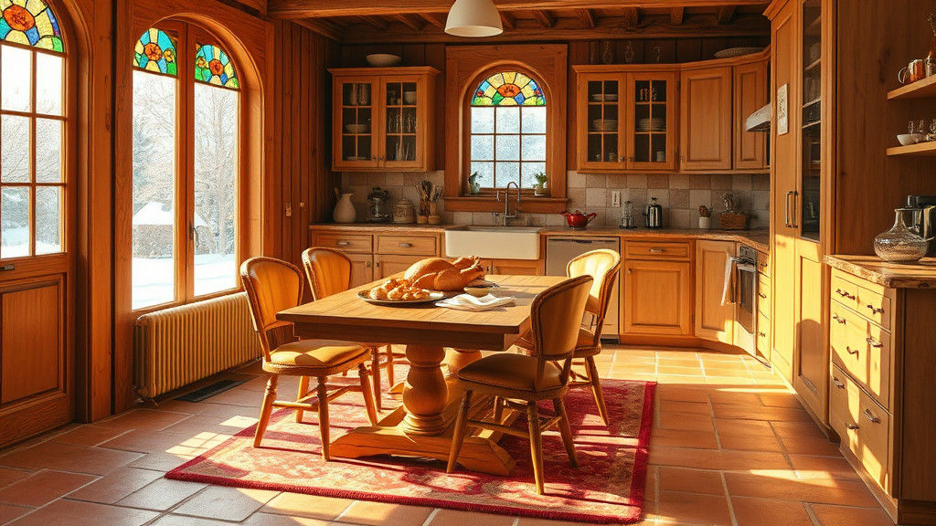 Cozy Rustic Kitchen with Christmas Dinner in Rockwell Style