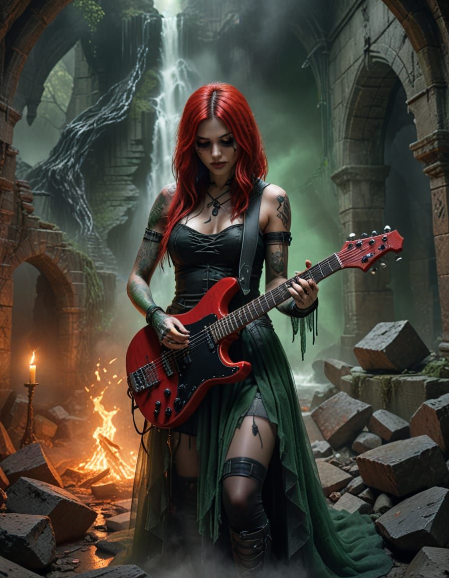 Gothic Rock Guitarist in Medieval Dungeon