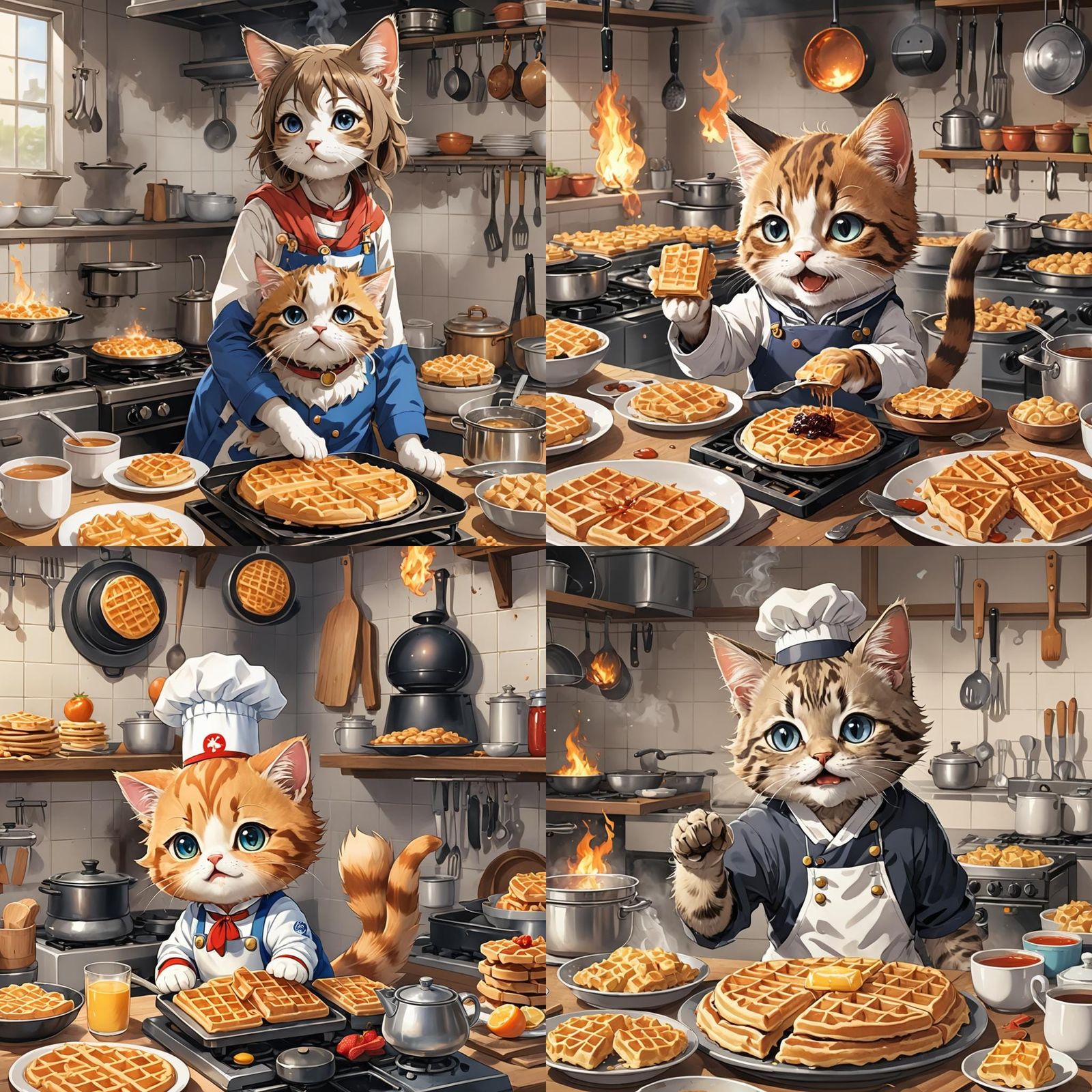 Kitten's Waffle Disaster in Anime Style
