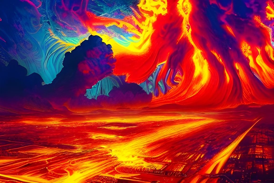 Ornate Biblical Eruption in Dystopian Landscape
