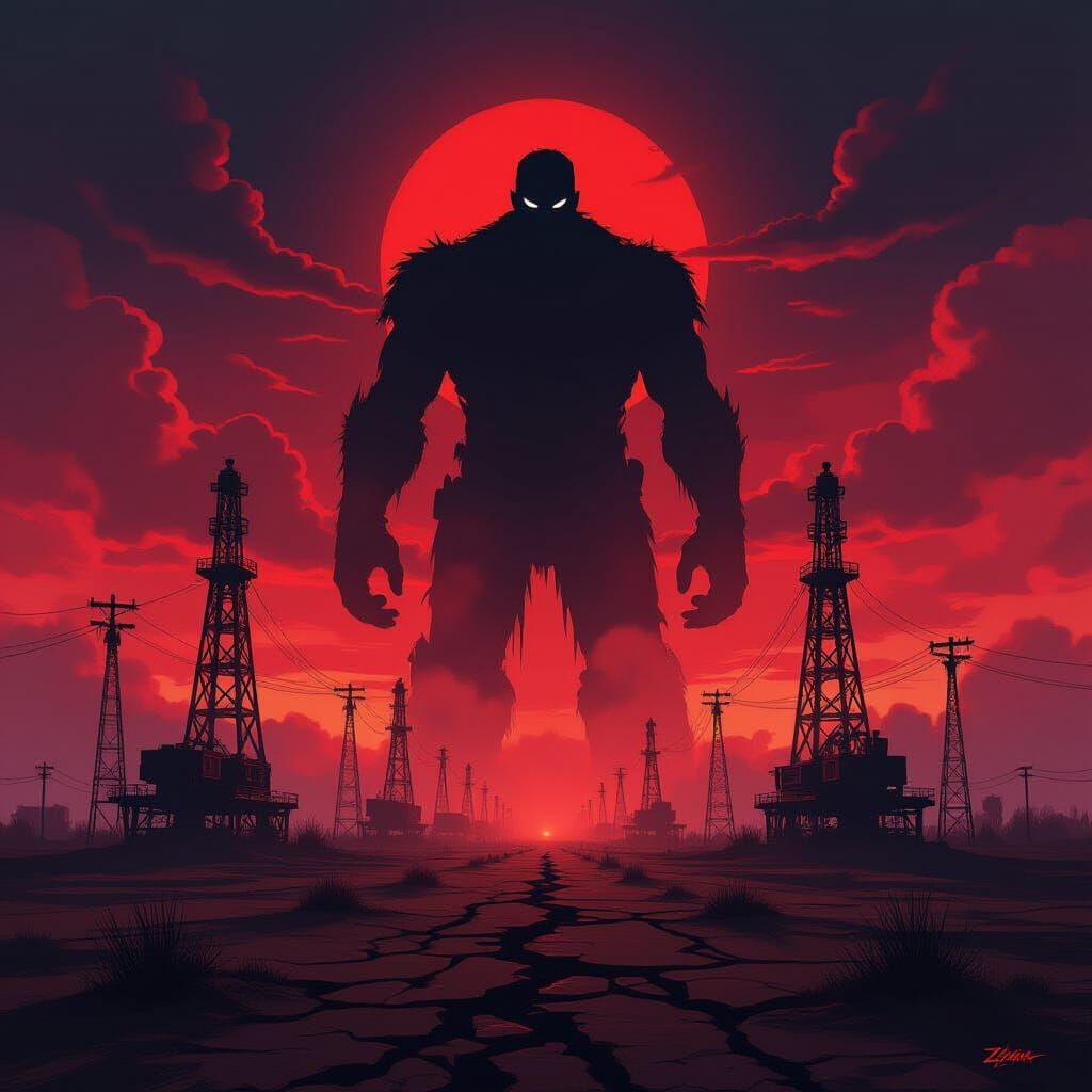 Shadowy Figure Over Texas Oil Field at Dusk