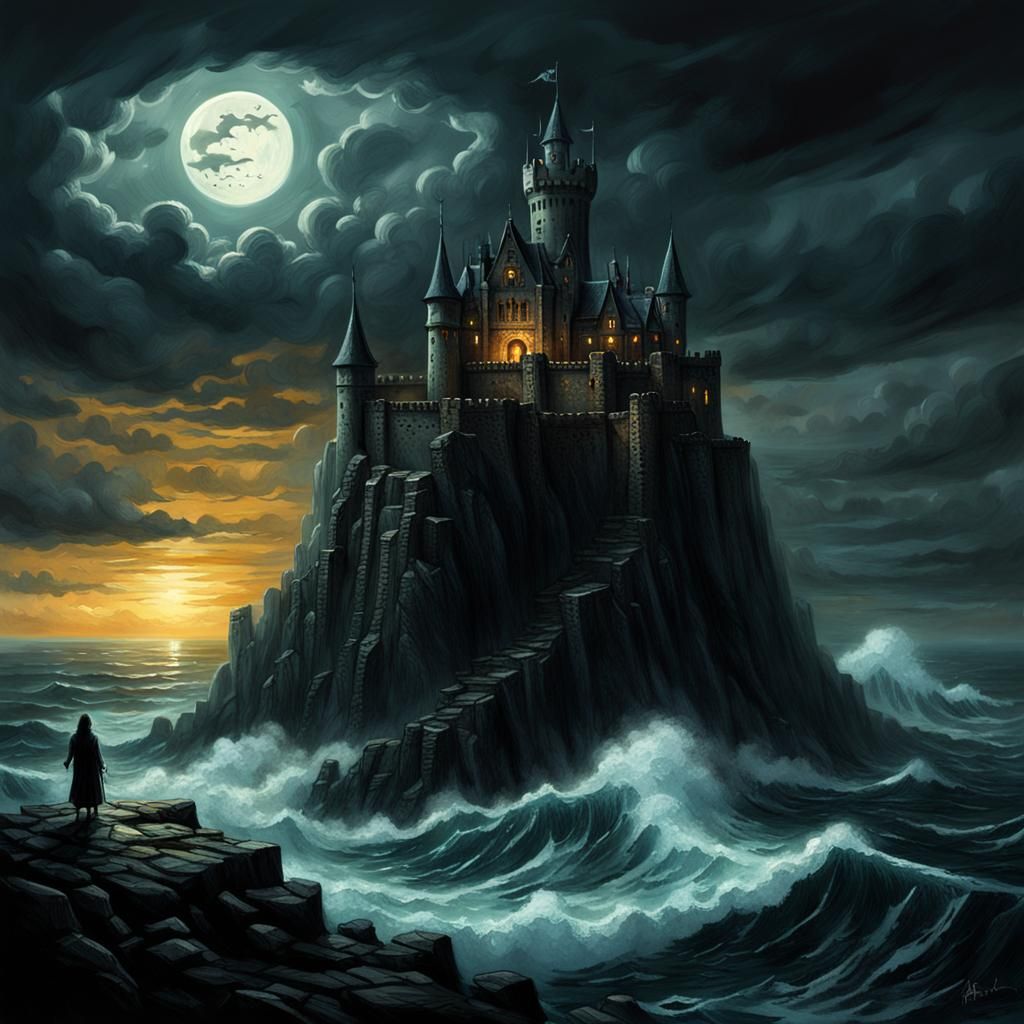 Creepy Castle Overlooking Stormy Sea: Dark Fantasy Art