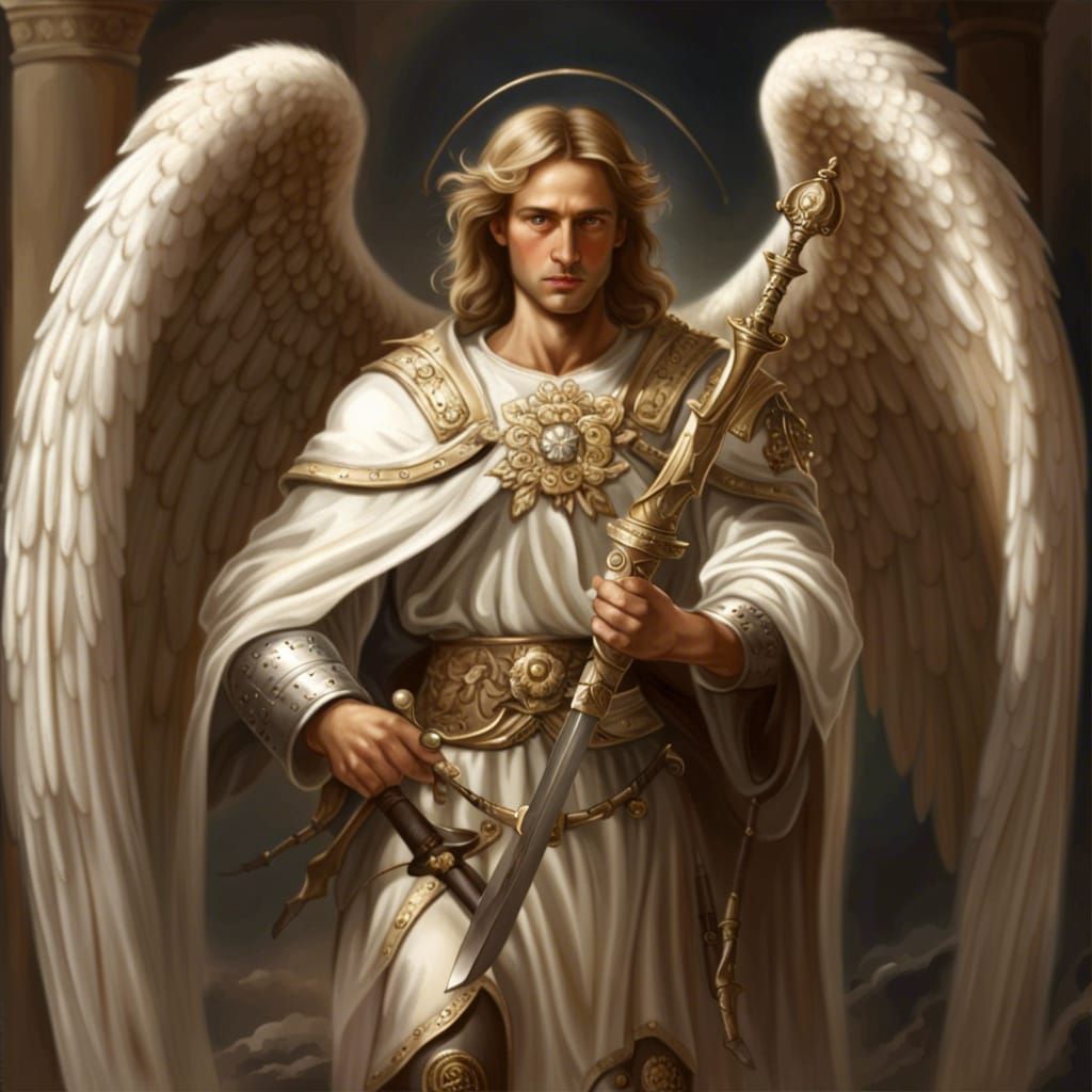 Biblical Male Angel with Sword in Heaven