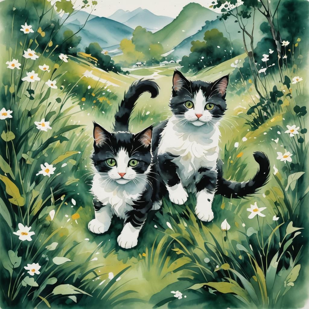 Kittens Playing: Chinese Watercolor Painting
