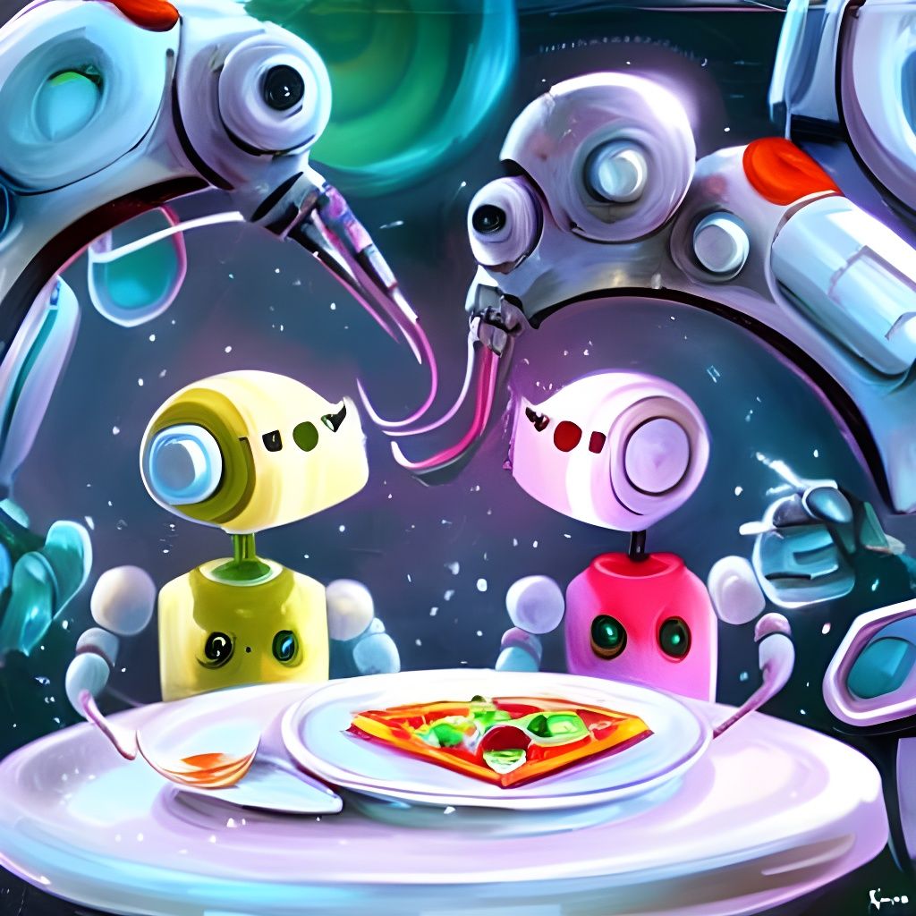 Robots Eating Pizza in Sci-Fi Cafe