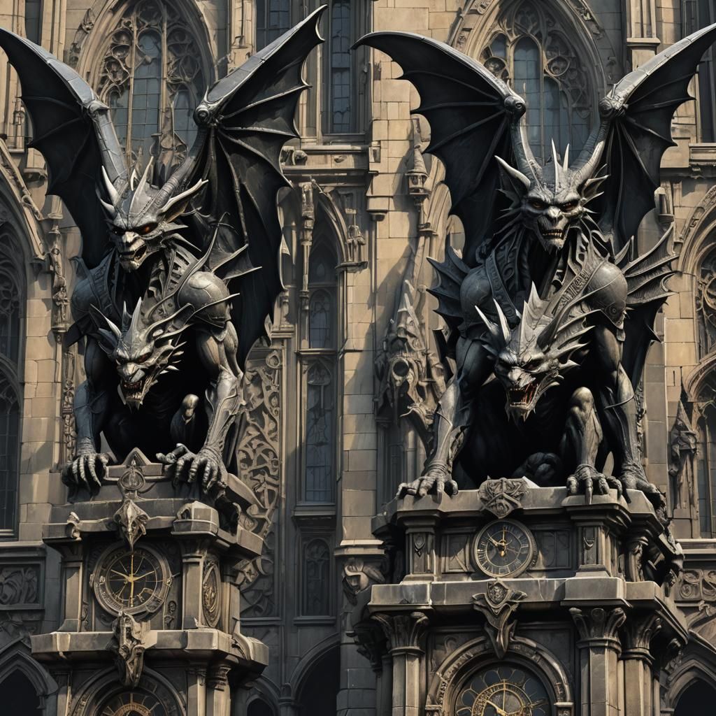 Gothic Gargoyles on Clock Tower in Dark Surrealism