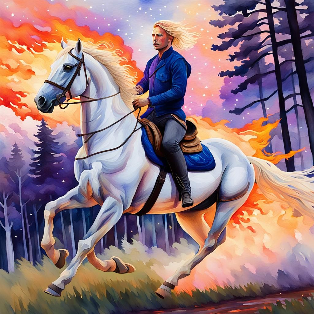 Horseman Rides Through Burning Forest, Vivid Watercolor