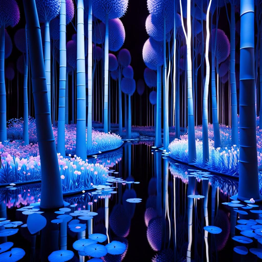 TeamLab-Inspired Blue Forest with Dynamic Petals