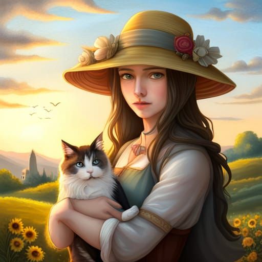 Anime Woman with Cat in Hat