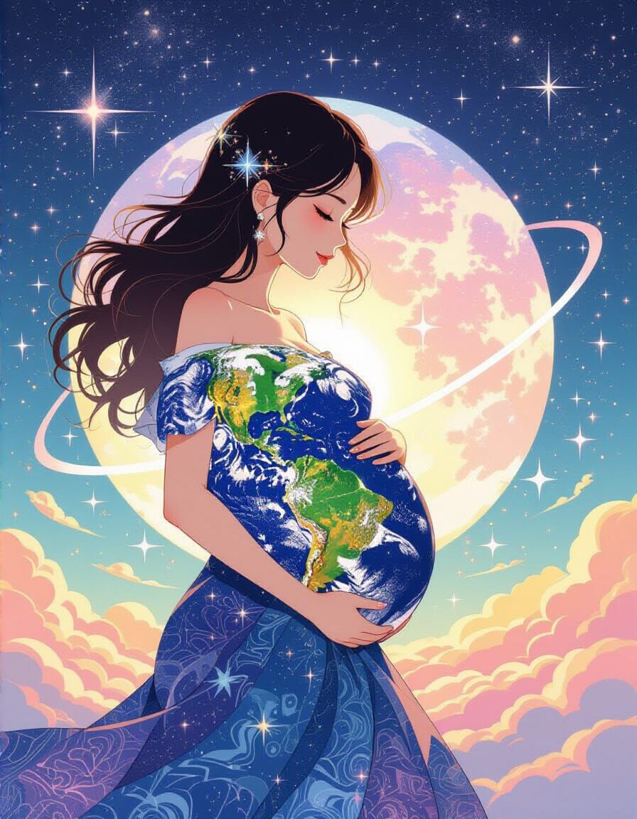 Cosmic Pregnant Woman Silhouette in Anime Style