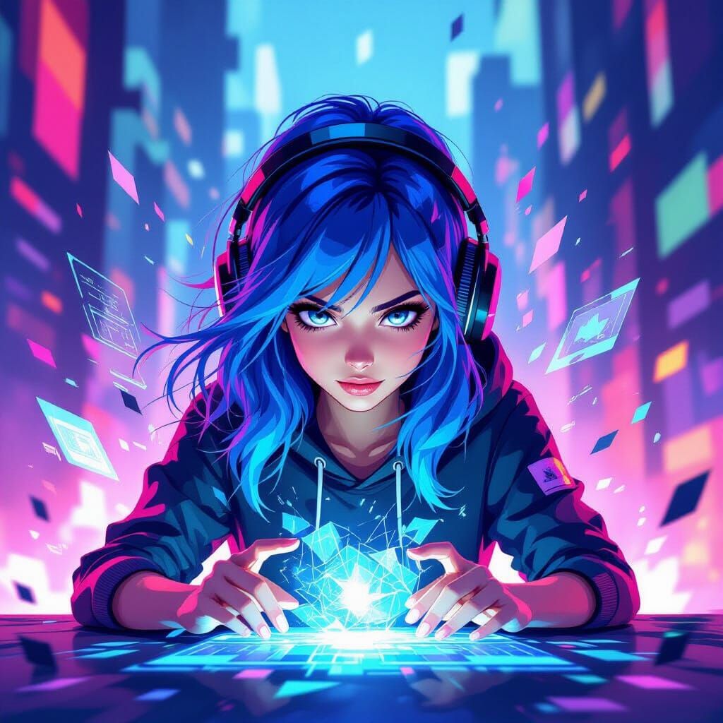 Gamer Girl in Electric Anime Splash Art