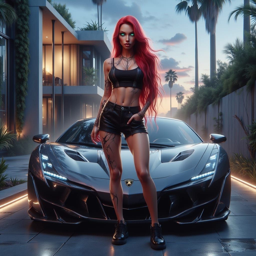 Stylish Woman Poses With Lamborghini Beside Modern House