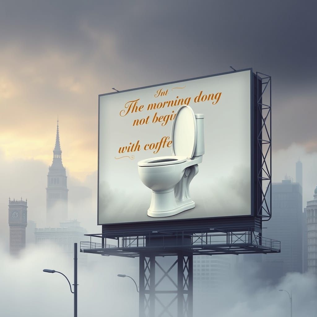 Majestic Billboard of a White Toilet in a Dreamlike Cityscap...