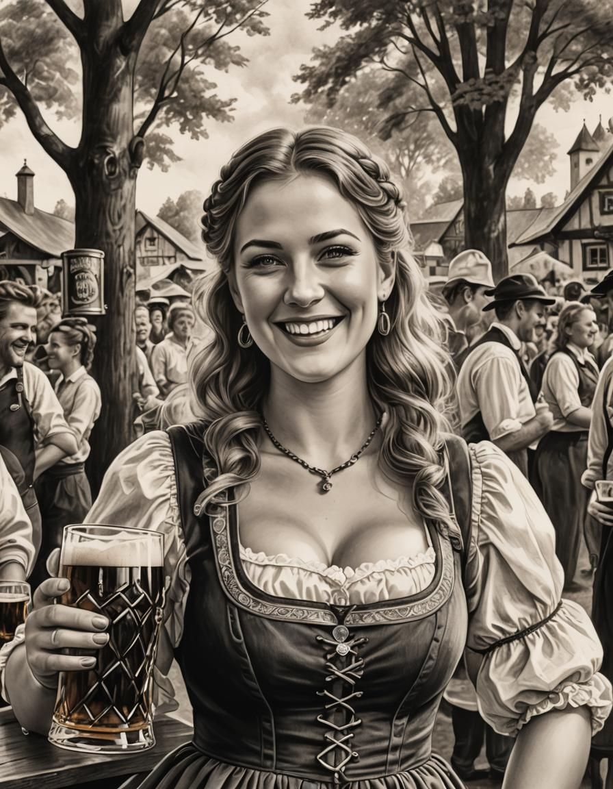 A beautiful young curvy German woman in a traditional Oktoberfest costume holding a tankard of beer, a joyful smile on h...