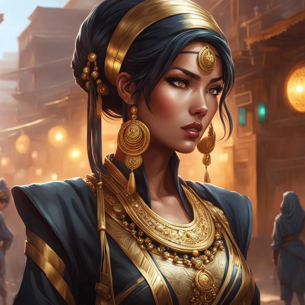8k wallpaper of a mysterious kunoichi wearing gold jewelry in the streets of a city in the Western Sahara, by artgerm, i...