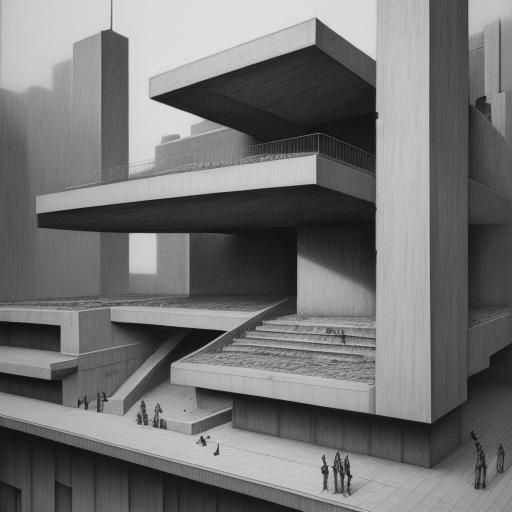 Futuristic Brutalist Architecture in Charcoal Drawing