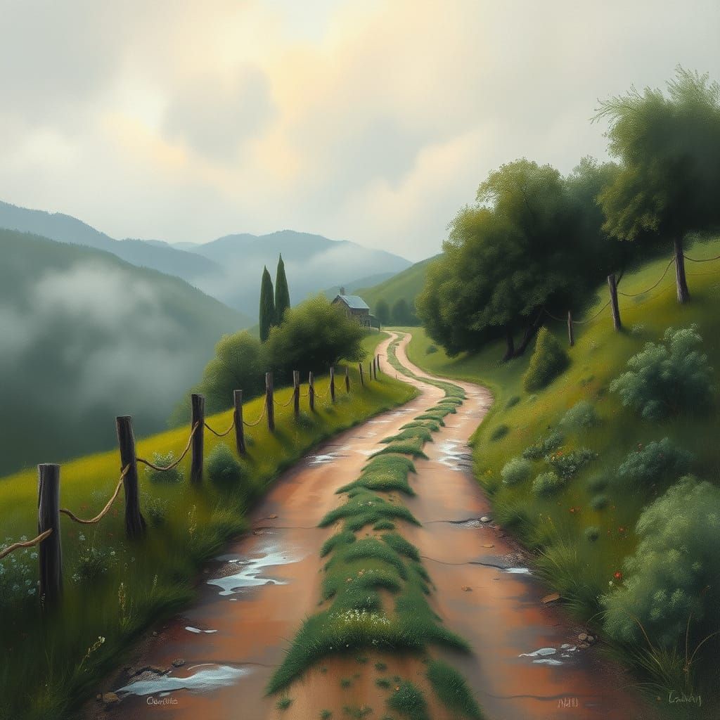 Mystical Countryside Path in Ethereal Gouache Style