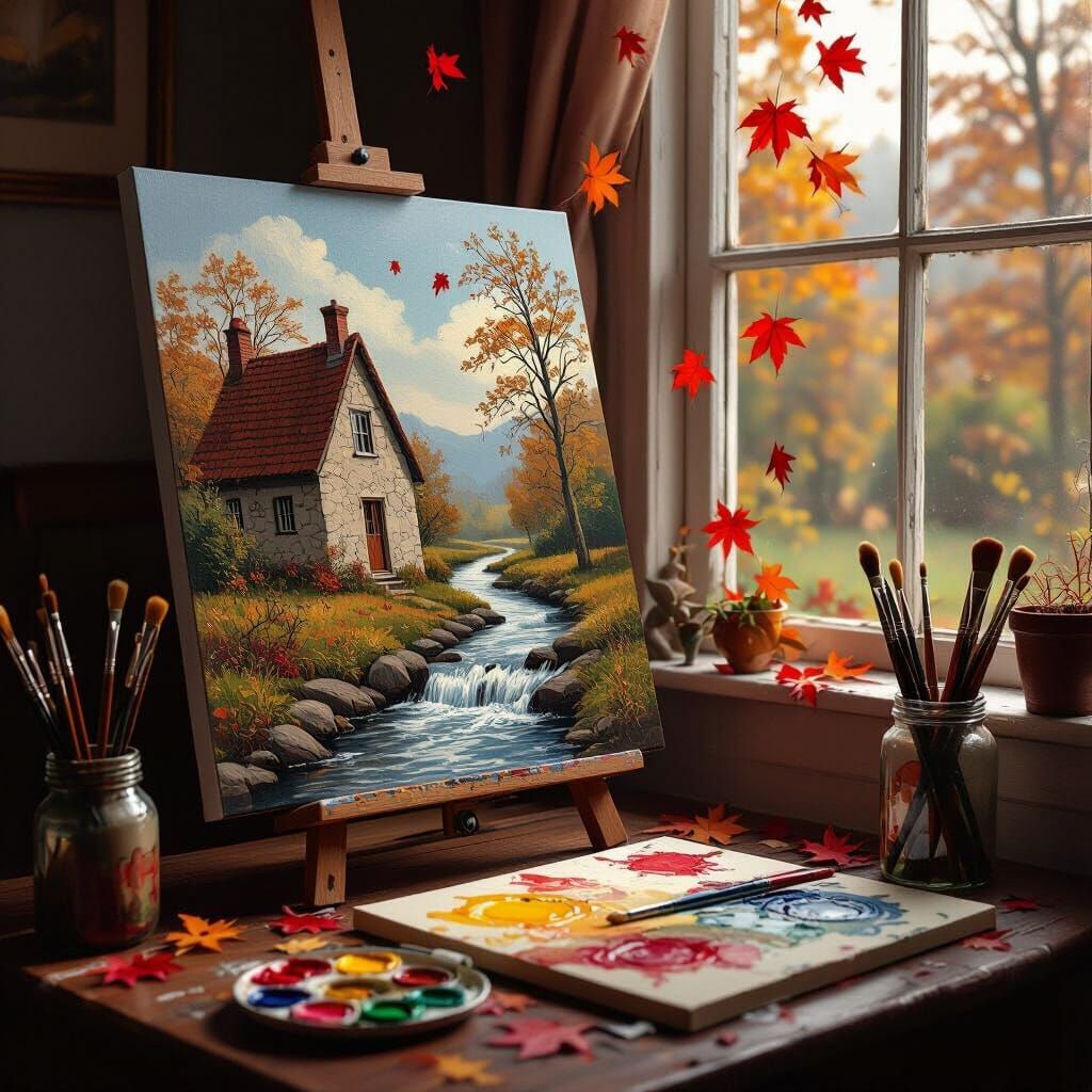 Surreal Cottage Interior with Magical River Painting