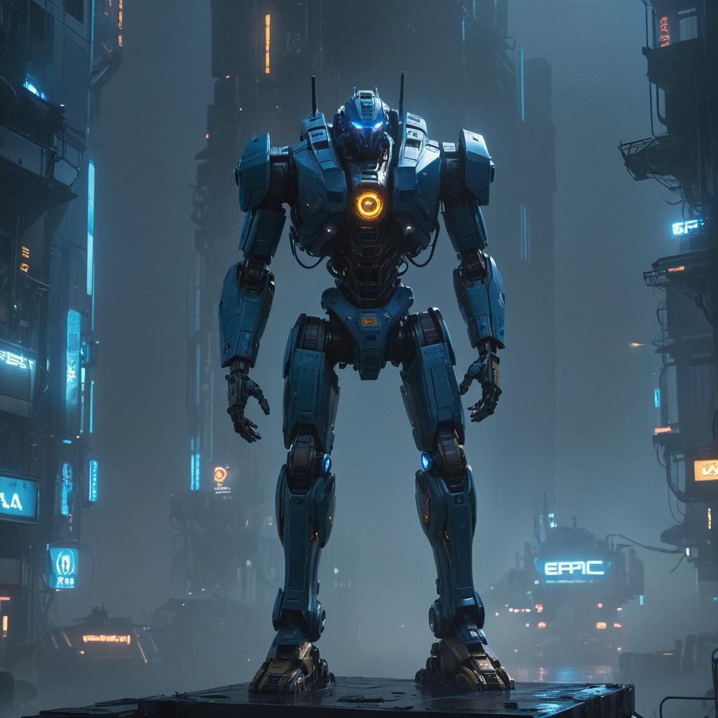 Cyberpunk Mech in Misty Cityscape: Unreal Engine 5