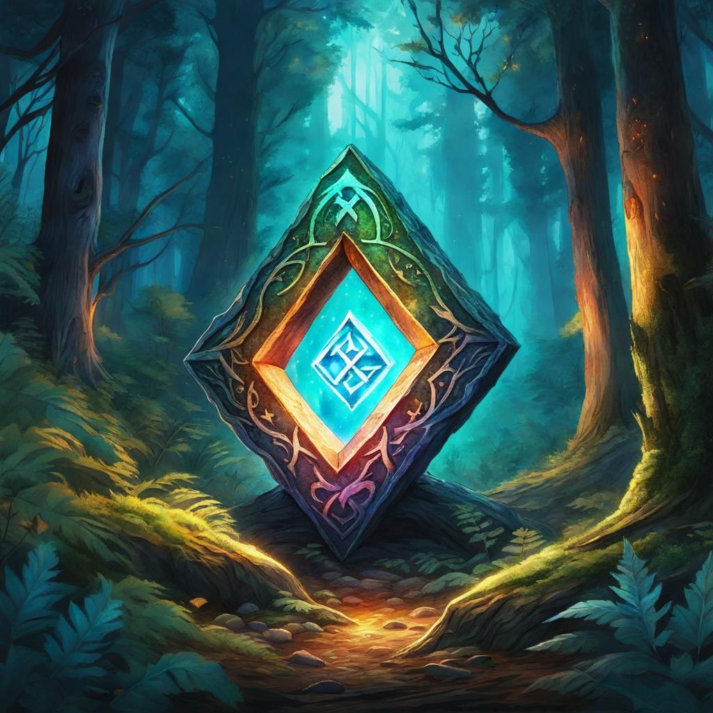 Glowing Rune in Forest: Watercolor and Ink Painting