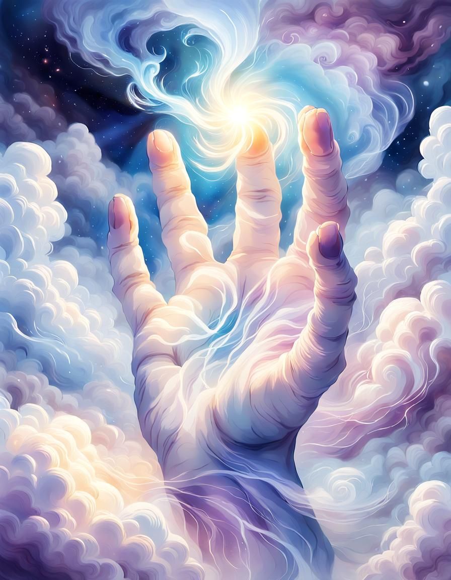 Ethereal Hand Reaching Through Clouds in Watercolor